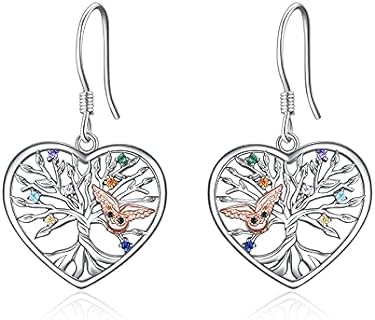 Owl Dangle Earrings with French Wire Back Finding & Cubic Zirconia Gems for Women & Girls, Sterling Silver Drop Design