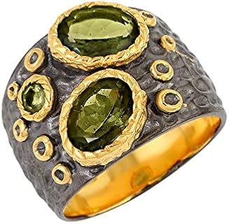 925 Sterling Silver Gold Black Rhodium Plated Green Moldavite Ring Engagement Wedding Anniversary Bridal Birthday Jewelry Gifts For Women