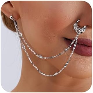Wiwpar Punk White Beaded Layered Tassel Nose Chain Nose Ring with Chain to Ear Stud Non-Pierced Link Chain Nose Rings Indian Belly Dance Party Nose Accessories for Valentine's day Gift, Metal, alloy