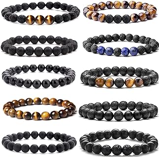 10Pc 8mm Mixed Gem Beaded Essential Oil Diffusing Bracelet Set with Magnetic Clasp for Men and Women, Black Onyx, Tiger Eye and Hematite Lava Stone Design