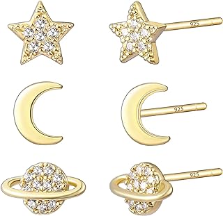 3 Pairs Gold Earth Moon and Star Earrings for Women 14K Gold Stud Earrings for Women Gold Letter Stud Earrings for Women Girls Personalized Gift