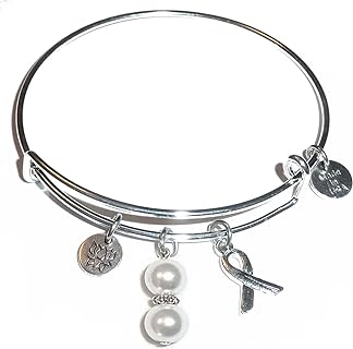 Women's Cancer Awareness Wire Bangle Bracelet by Hidden Hollow Beads with Box and Bead Chain - Silver-Plated Stainless Steel - Comes in a Gift Bag