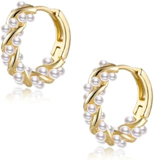 Small Pearl Hoop Earrings for Women, Twisted Huggie Hoop Earrings with Tiny Pearls Hypoallergenic Jewelry 16mm