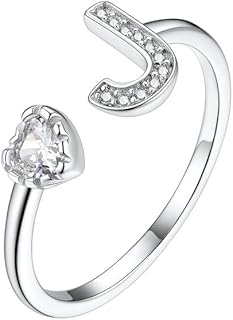 Stackable Initial Rings with Cubic Zirconia for Women, Teens - Heart Design Suplight 925 Sterling Silver Adjustable Promise Rings