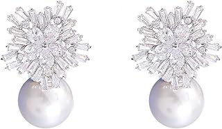 925 Sterling Silver Snowflake Pearl Stud Earrings Embedded with Cubic Zirconia for Women, Complemented with Push-back Mechanism