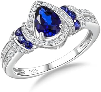 Pear Ring 925 Sterling Silver Created Gemstome Pear Shaped Engagement Ring Split Shank Halo Birthstone Rings for Women Size 6-10 (with Gift Box)