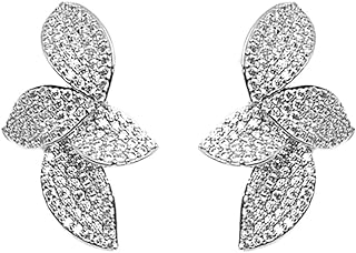 Luxury Leaf Flower Cubic Zirconia Crystal Statement Stud Earrings for Women Girls Dainty 925 Sterling Silver Post Diamond Huggie Studs Small Dangle Drop Fashion Trendy Jewelry Wedding Party Gift