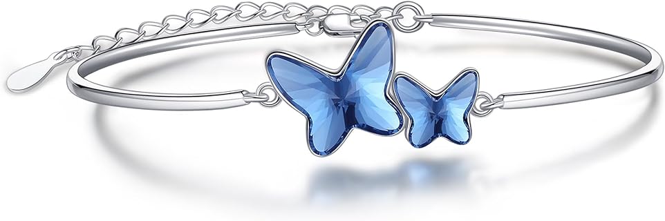 POPLYKE 925 Sterling Silver Butterfly Crystal Bracelet with Box Chain - Elegant Women's Jewellery Gift, Hypoallergenic Austrian Crystal Butterfly Bangle