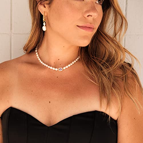 Pink Baguette Pearl Choker Necklace 16'' | Baguette Cubic Zirconia Charm Pendant Necklace Adjustable