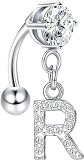 FIBO STEEL 14G Dangle Belly Button Rings with Initials, Cubic Zirconia Reverse Navel Rings for Women, Surgical Steel Letter Top Down Navel Ring Belly Piercing Jewelry
