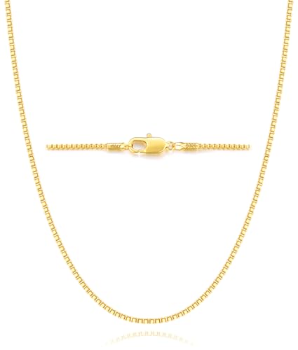 Jewlpire 1mm Italian Solid 18K Gold Over 925 Sterling Silver Chain Necklace for Women Girls, Italian Box Chain Shiny & Sturdy & Hypoallergenic Women's Chain Necklaces, 14 16 18 20 22 24 26 Inches