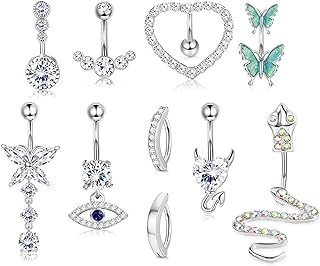 FIASASO 10Pcs Belly Button Ring 14G Dangle Cute Gold Plated Snake Evil Eye Heart Clear CZ Butterfly Clicker Belly Button Rings for Women Belly Piercing Pack