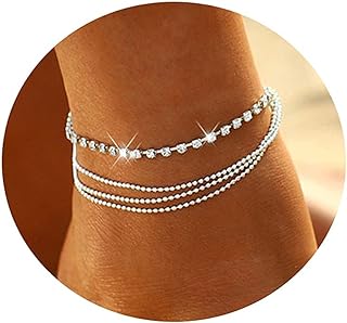 BERISO Gold Ankle Bracelets for Women 14K Gold Plated Summer Beach Layering Rhinestone Cubic Zirconia Beaded Pearls Fishbone Ankle Bracelets for Women Minimalist Anklet for Women Gold Jewelry Gift