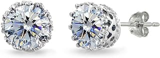 Sterling Silver Polished 6mm Round-cut Crown Stud Earrings Made with European Crystals