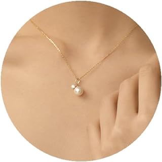 14K Gold Pearl Necklace for Women, Dainty Gold Pearl Pendant Necklaces Adjustable Simple Pearl Necklaces Bride Wedding Single Pearl Necklaces for Mother's Day Necklace Jewelry Gift