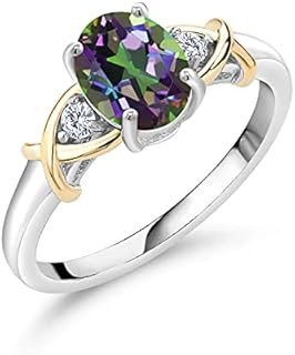 Gem Stone King 2-Tone 10K Yellow Gold and 925 Sterling Silver Green Mystic Topaz and White Lab Grown Diamond Women Ring (1.65 Cttw, Available in Size 5,6,7,8,9)