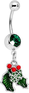 Body Candy 14G 12mm 316L Steel Navel Ring Green Accent Winter Snow Mistletoe Belly Button Ring 1/2"