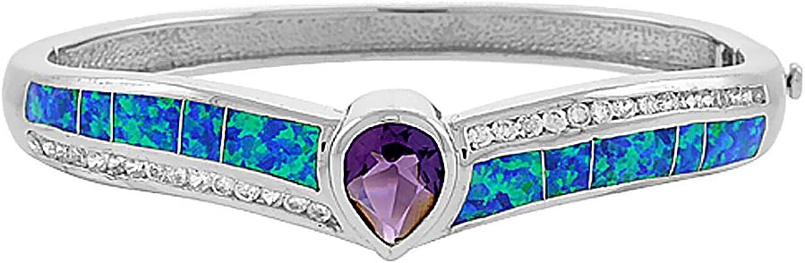 Double-Safety Clasp Sterling Silver Opal Bangle Bracelet with 10mm Teardrop Amethyst CZ for Women - Opulent No-Chain Design for 7.25 Inch Wrists