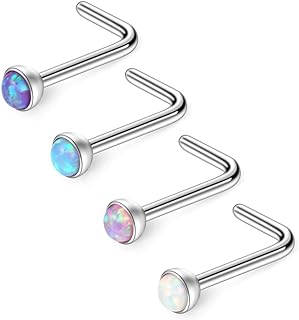 Ruifan 22G 1.5mm 2mm 2.5mm 3mm Jeweled Opal Nose L Shaped Studs Rings Pin Piercing Jewelry 4PCS
