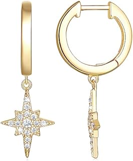 Trendy Star Drop Earrings with Cubic Zirconia in 14K Gold and Push Back Design for Women