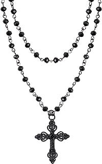 Large Bead Cross Necklace with Ball Crisscross Chain for Women in Gothic Design - Zinc Jewelry Gift