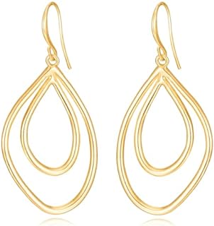 Gold Dangle Earring for Women 14K Gold Geometric Dangle Earrings Double Layer Gold Hoop High Polish Minimalist Drop Earrings for Women