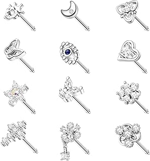 Magitaco 12Pcs 20G Nose Ring Stud L Shape Screw Nose Studs Butterfly Heart Cross Eyil Eye Moon Nose Rings Nose Bone Piercing Nose Stud for Women Men