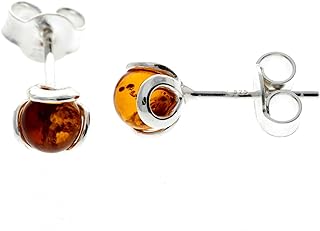 SilverAmber Jewellery - Baltic Cognac Amber Sterling Silver Small Stud Ball Art Deco Earrings - 5966