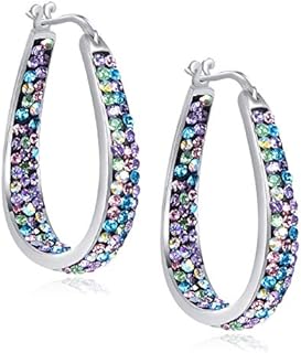 Crystal Hoop Earrings - Silver Plated Inside Out Oval Shape Hoop Earrings for Women, 1.2 Inch