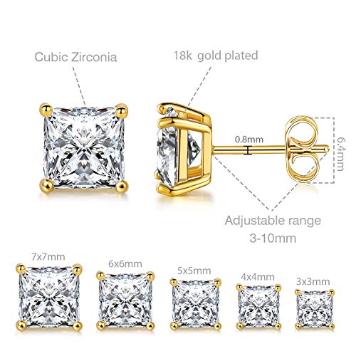 18K White Gold/Yellow Gold/Rose Gold Plated Princess Cut Square Clear Cubic Zirconia Stud Earring Pack of 5 Pairs