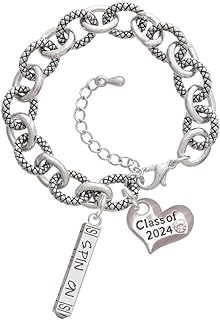 Color Guard Silver Charm Bracelet with Crystal Detailing - Class of 2024 Heart Design, Lobster Claw Clasp, Link Chain Bracelet