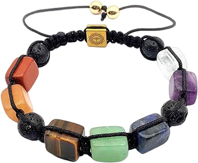Beaded and Braided Macrame Bracelet with 7 Chakra Stones and Essential Oil Diffuser, Adjustable Bangle for Men and Women, Round Lava Rock Design for Stress Relief and Anxiety Reduction