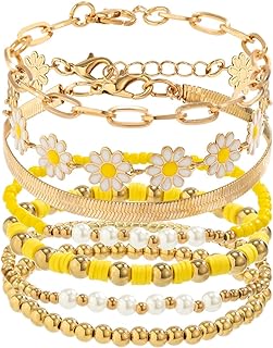 7Pcs Cute Daisy Flower Bracelet Set,Surfer Beaded Bracelets Set,Colorful Clay Beads Bracelet Set Stretch Bracelets Friendship Bracelets Boho Beach Jewelry for Women Teen Girls