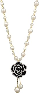 Fashion Rhinestone Black Rose Pearl Necklace ，Long Pendant Necklace for Women ，Vintage Costume Jewelry