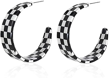 Funky Chunky Checkered Big Grid C Shape Hoop Earrings Red Resin Acrylic Resin Christmas Piercing Buffalo Plaid for Women Girls Y2k Lightweight Xmas Jewelry