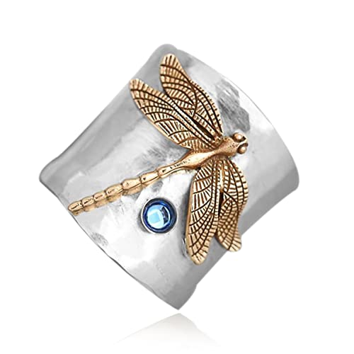 Dragonfly Bee Ring for Women,Thick Silver Plated Thumb Ring,Wide Band Ring,Boho Ring Jewelry