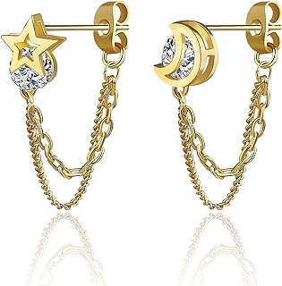 Shinyyep 18K Gold Plated Double Chain Stud Earrings Dainty Pearl Moon Star Ball Triangle Round Cubic Zirconia Earrings Link Drop Dangle Layered Chain Tiny Stud Earrings for Women with Jewelry Gift Box