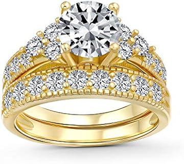 Personalize Classic Traditional 3CT Round Solitaire Brilliant Cut AAA CZ Pave Side Stones Band Anniversary Engagement Wedding Ring Set For Women .925 Sterling Silver Customizable
