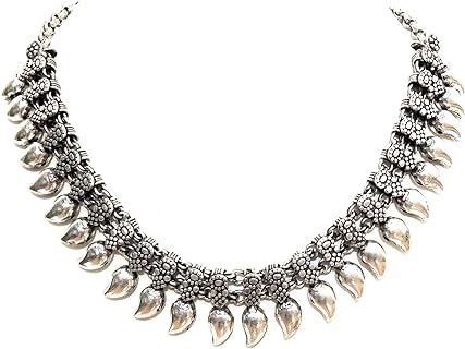 16-inch Rolo Chain Tribal Bead Necklace with S-Hook Clasp, Antique Oxidised Silver Design for Women, Embodying Indian Inspiration