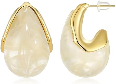KissYan Acrylic Teardrop Earrings for Women, 14K Gold Plated Resin Chunky Hoop Earrings, Lightweight Hollow Open Drop Hoops Translucent Hypoallergenic Vintage Fashion Jewelry Gifts