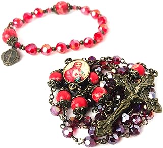 Sacred Heart of Jesus Crystal and Red Sandstone Rosary Beads Catholic for Women and Rosary Bracelet for Women Set
