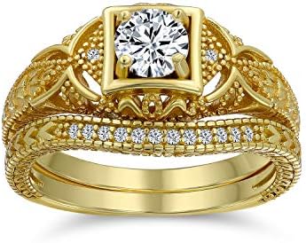 14K Gold Plated Sterling Silver Deco-Style Solitaire Round AAA CZ Engagement Ring Set for Women, Size 7