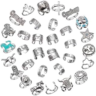 32 Pcs Western Rings for Women, Cowgirl Vintage Adjustable Knuckle Rings Set ,Boho Midi Y2K Aesthetic Stackable Cowboy Boot Hat Horse Horseshoe Cross Cactus Joint Finger Rings ,Statement Chunky Metal Hippie Cool Gothic Stacking Rings Bulk Gift for Her