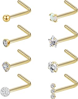 MJust G23 Titanium Nose Ring Studs L Shaped 20g 8Pcs Titanium Nose Rings for Women Men CZ Star Heart Nose Piercing Studs Pure Titanium Nostril Piercing for Sensitive Skin