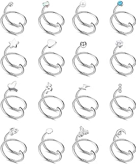 THUNARAZ 16Pcs Double Nose Ring Hoop for Single Piercing 20G Stainless Steel Nose Hoop Spiral Moon Star Pearl Ball Butterfly Snake CZ Twisted Double Hoop Earrings for Women