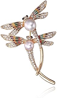 Elegant Dragonfly Brooch Pins, AILUOR Gold Tone Austrian Crystal Colorful Enamel Double Dragonfly Simulated Pearl Rhinestone Brooch Jewelry