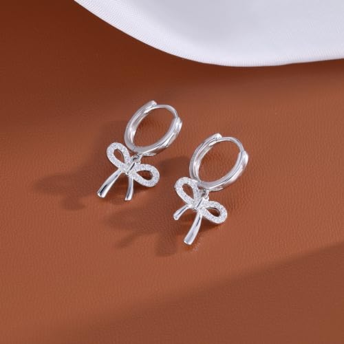 Reffeer Solid 925 Sterling Silver Bow Drop Hoop Earrings for Women Girls Bowknot Hoop Earrings Huggies