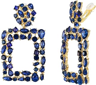 Crystal Rectangle Statement clip-on Earrings for Women, Sparkly Rhinestones Geometric Drop Dangle Earring for Party Prom