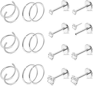 Chic 17-piece Unisex Nose Ring Set - 316L Stainless Steel Double Studs & Hoops with Cubic Zirconia - Versatile Piercing Jewelry Collection
