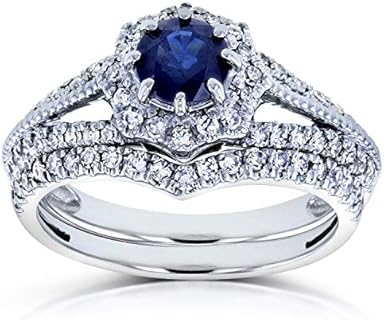 Sapphire & Diamond Halo Engagement Ring Set for Women, 14k White Gold Star Design by Kobelli